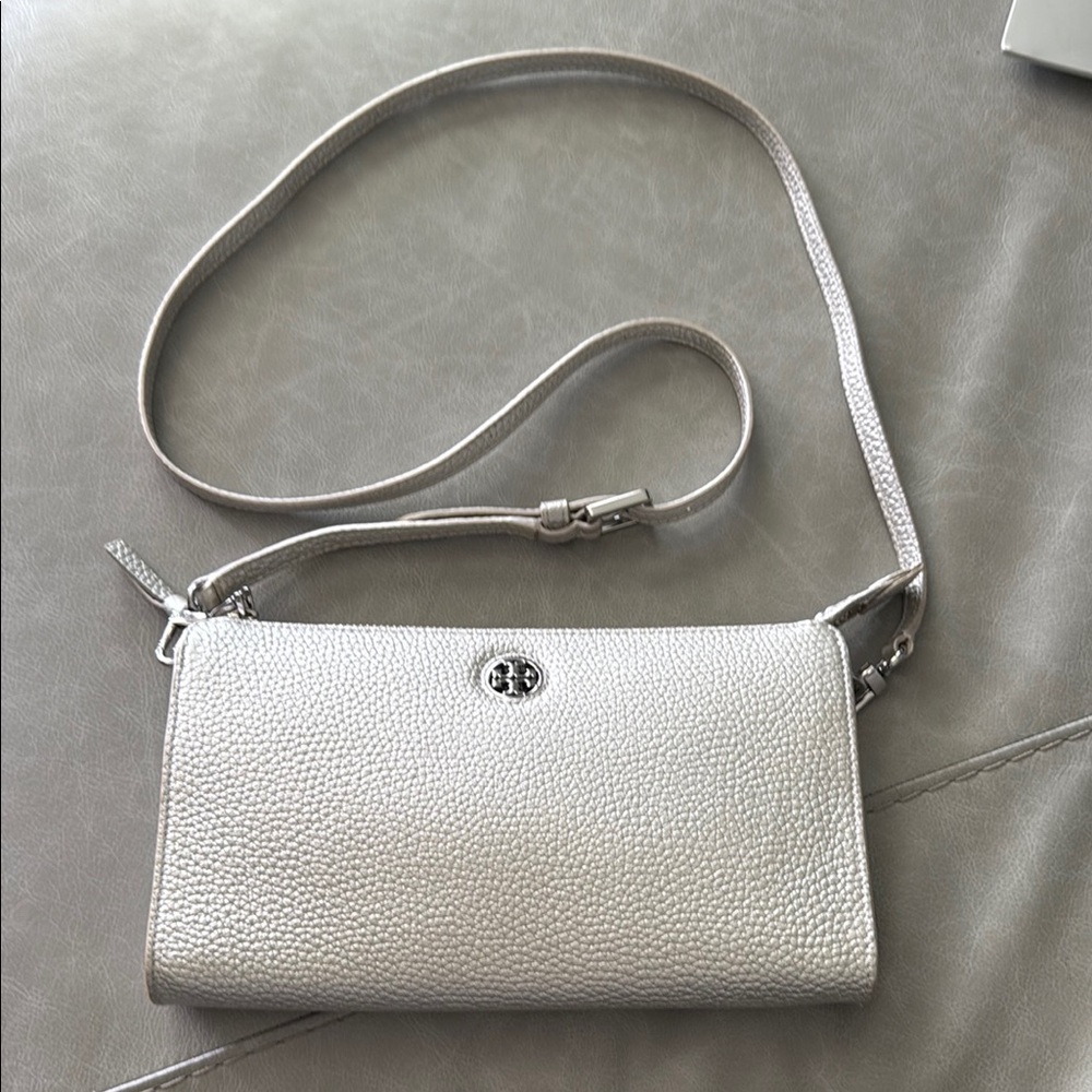 Tory Burch Leather Silver Crossbody Bag with Adjustable Strap